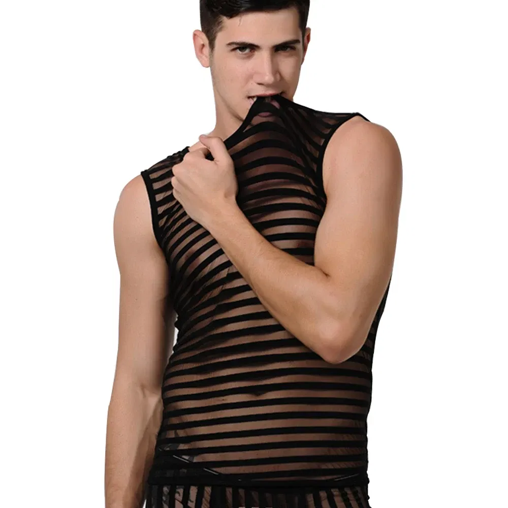 Color: black, Size: XL - Striped Transparent Tank Top Black Sexy Mesh Tops Men Clothing Gym Quick Dry Vests Fashion Casual Summer Sleeveless Solid Top