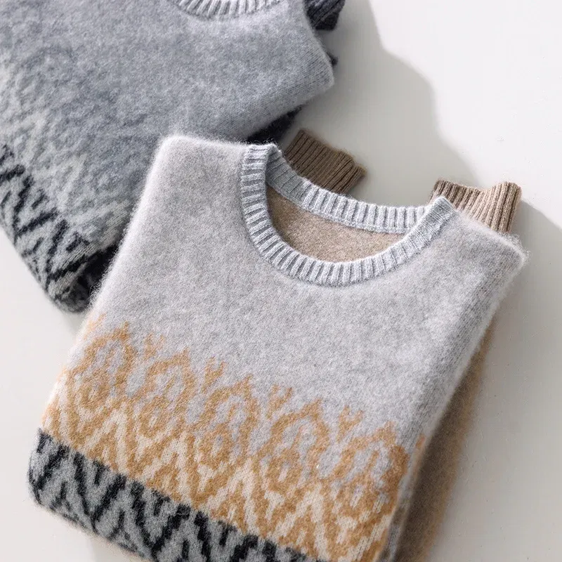 Color: Champagne, Size: M - 100% Pure Wool Pullover Sweater Men's Round Neck Knitted Sweater Autumn Winter Thick Warm Ethnic Style Men's Clothing