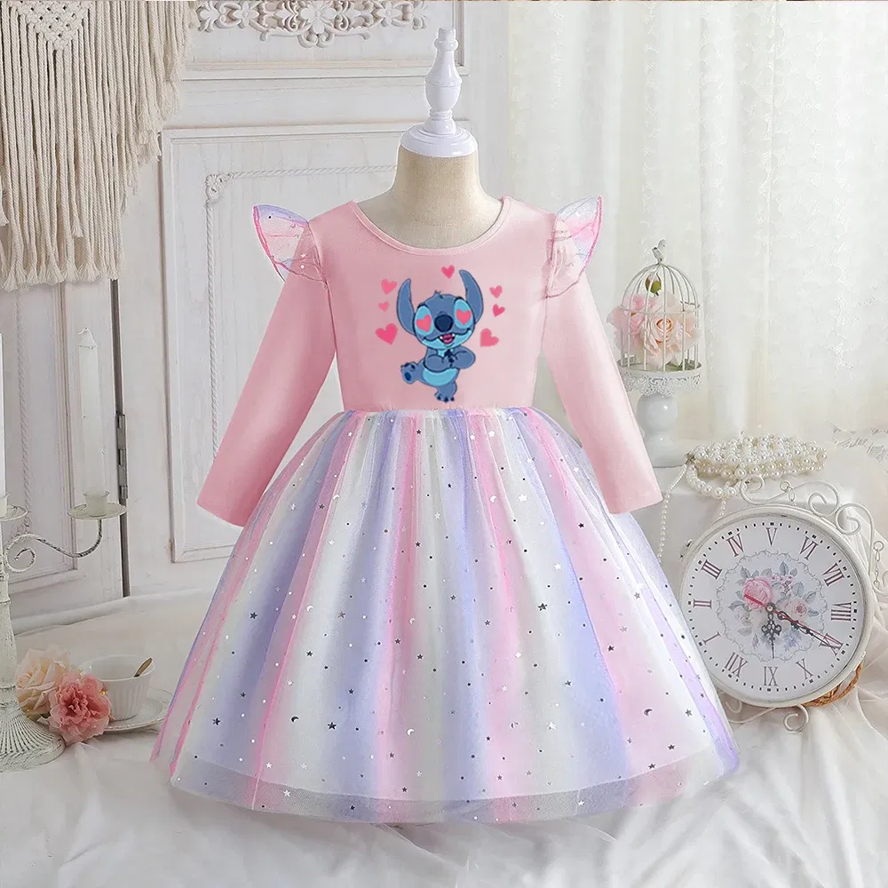 Color: GRAY, Kid Size: 7 - Stitch Princess Dress Autumn New Disney Baby Girls Dress Spring Autumn Long-sleeved For Children Kids Clothes Birthday Party