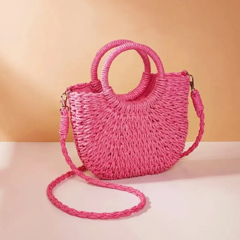 Color: army green - Handwoven Straw Rattan Half-Moon Beach Handbag Large Capacity Women Summer Hollow Out Crossbody Shoulder Bag