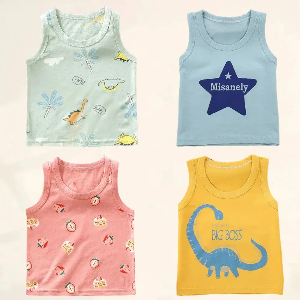 Color: Beige, Kid Size: 7 - Summer Kids Tops Clothes Tank Sleeveless Breathable Cotton Children T-shirt Vest Top Clothing Outfit Cartoon Boys Girls 0-7Years