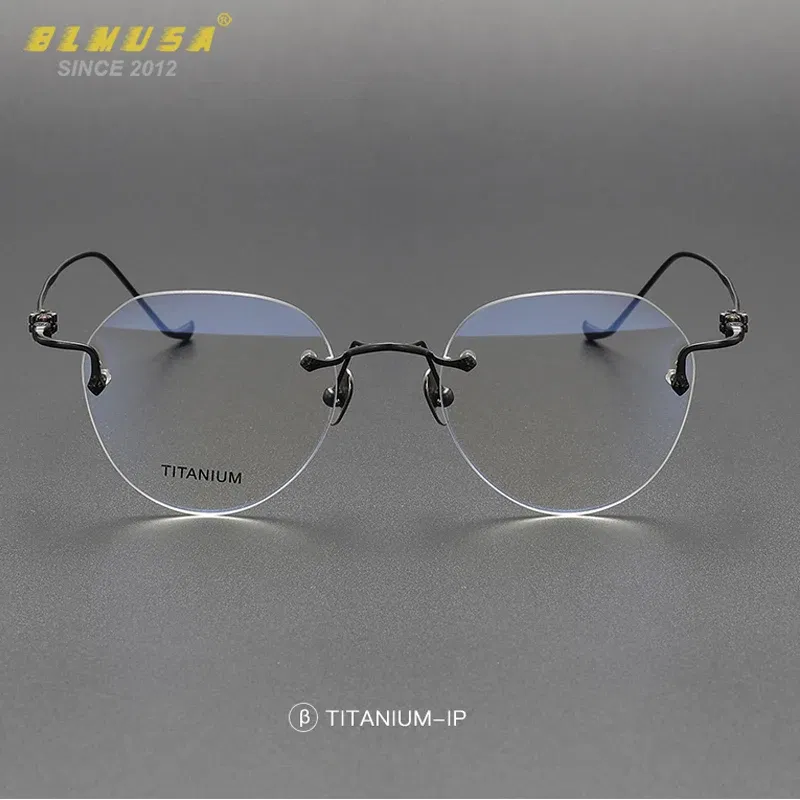 Frame Color: Red, Eye Prescription: +375 - BLMUSA Pure Titanium Rimless Anti-blue Light Reading Glasses for Men Round Photochromic Optical Prescription with MR-8 lens