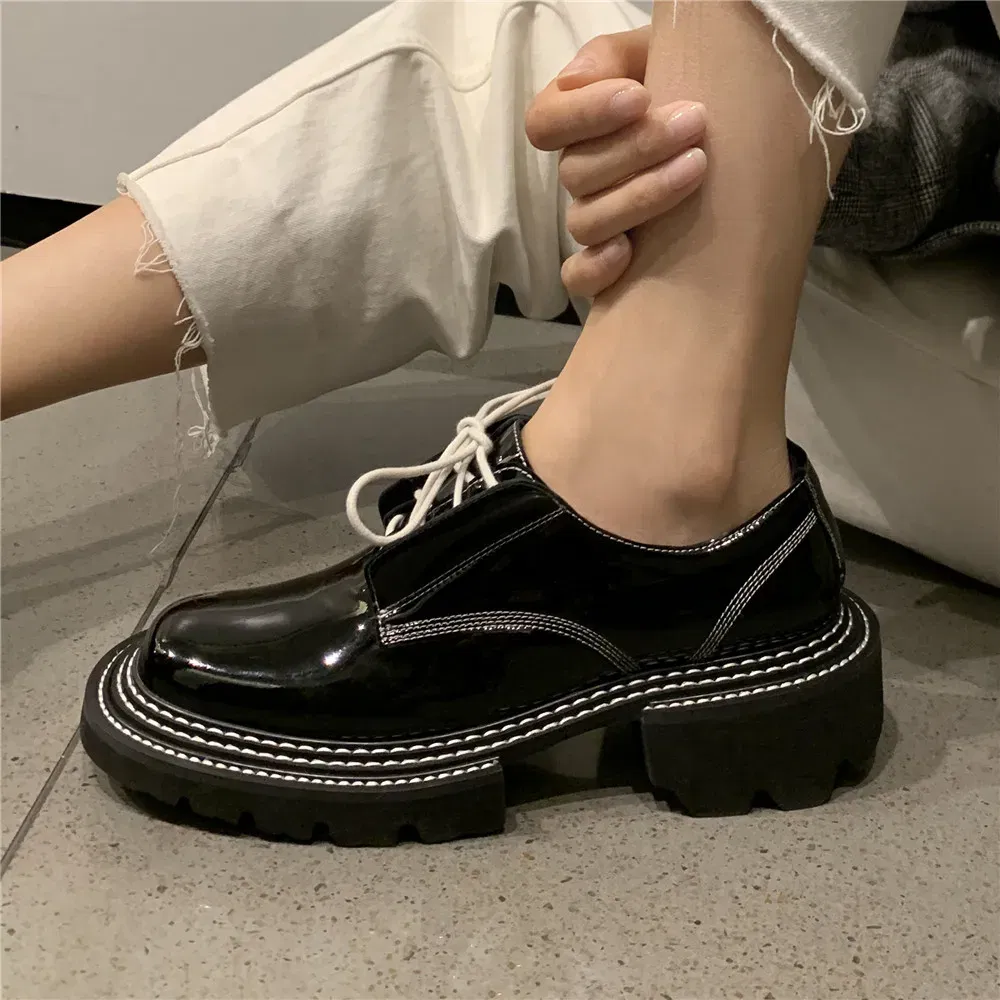 Color: Blue, Shoe Size: 5 - MILI-MIYA New Arrival Thick Heels Women Cow Patent Leather Pumps Lace Up Round Toe Fashion Street Casual Shoes Size 34-42