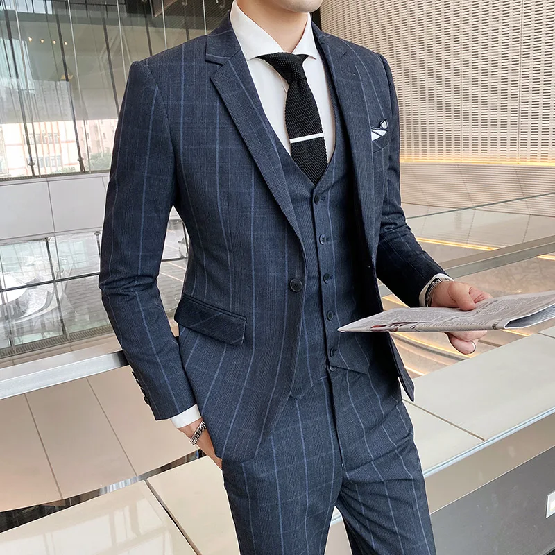 Color: Fuchsia, Size: 4XL - Gray Men Classic Striped/Checked Suits, Business Office 3 Piece, Asian Size Slim Fit Men Dress Jacket & Pants with Vest, S-4XL