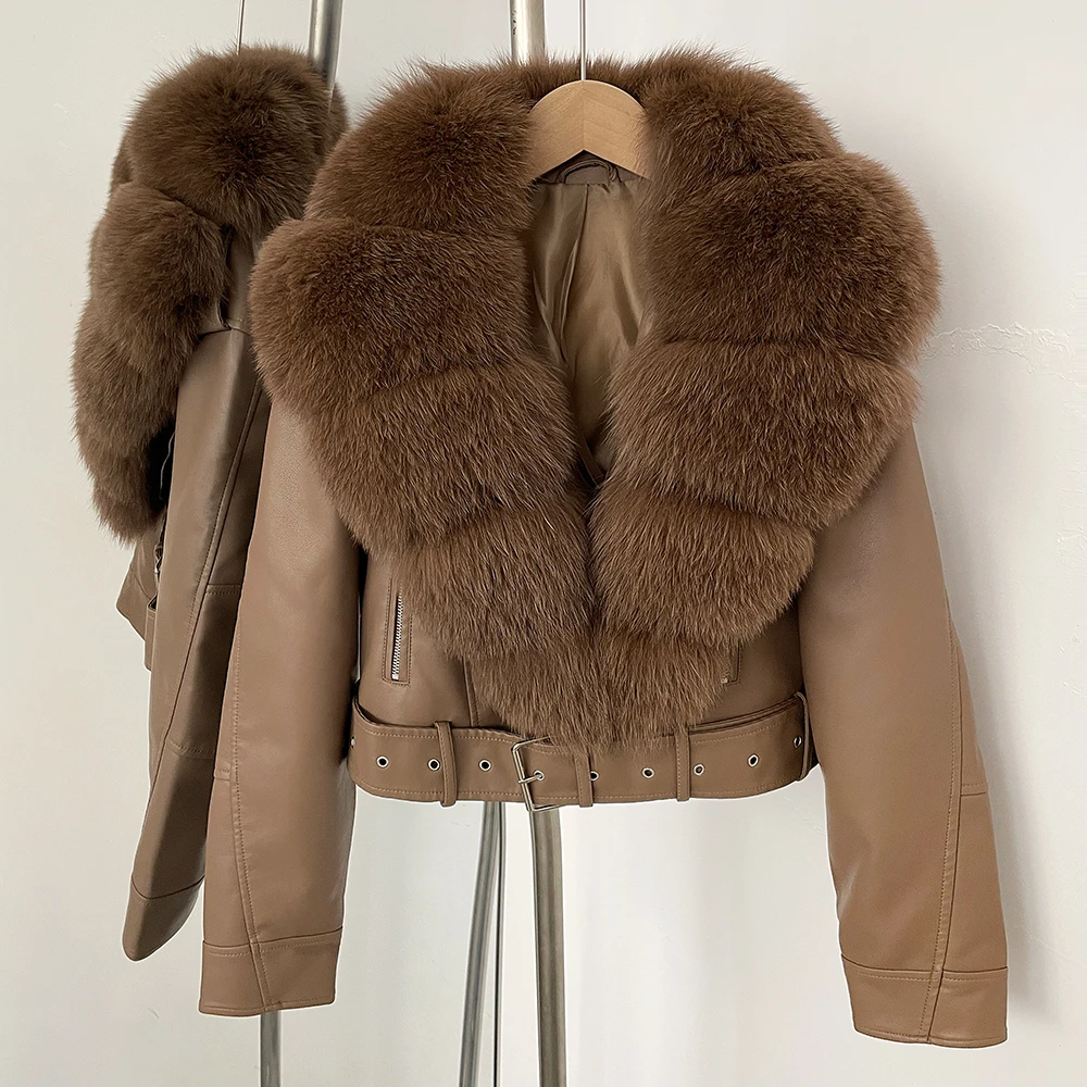 Color: black, Size: XL - Fake Leather Coat New Natural Fox Fur Autumn Short Faux Leather Jacket Female Spring PU Women Long Sleeve Real Fur Coat Thin