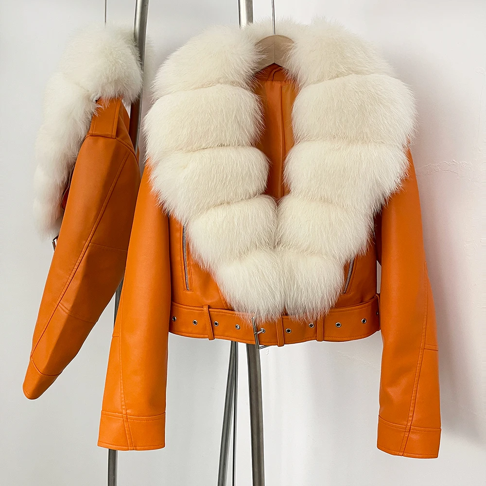 Color: black, Size: XL - Fake Leather Coat New Natural Fox Fur Autumn Short Faux Leather Jacket Female Spring PU Women Long Sleeve Real Fur Coat Thin