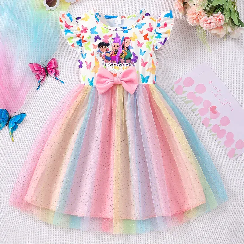 Color: Mixed Color, Size: One Size, Ships From: CHINA, Height: 164 - KPop Demon Hunter Christmas Princess Dress Girl Fashion Casual Autumn Butterfly Dress Wedding Birthday Party Dress Gift Clothes
