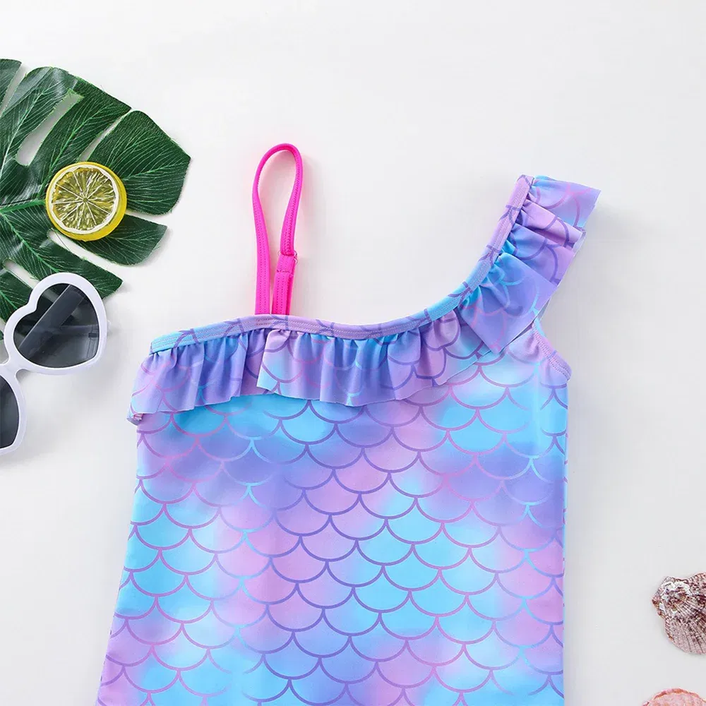 Color: Yellow, Size: XS - Stitch Girls Swimsuit Fashion Mermaid Fish Scale One-Piece Bathing Suits Children's Dresses Summer Swimwear Beach Suit Kids Wear