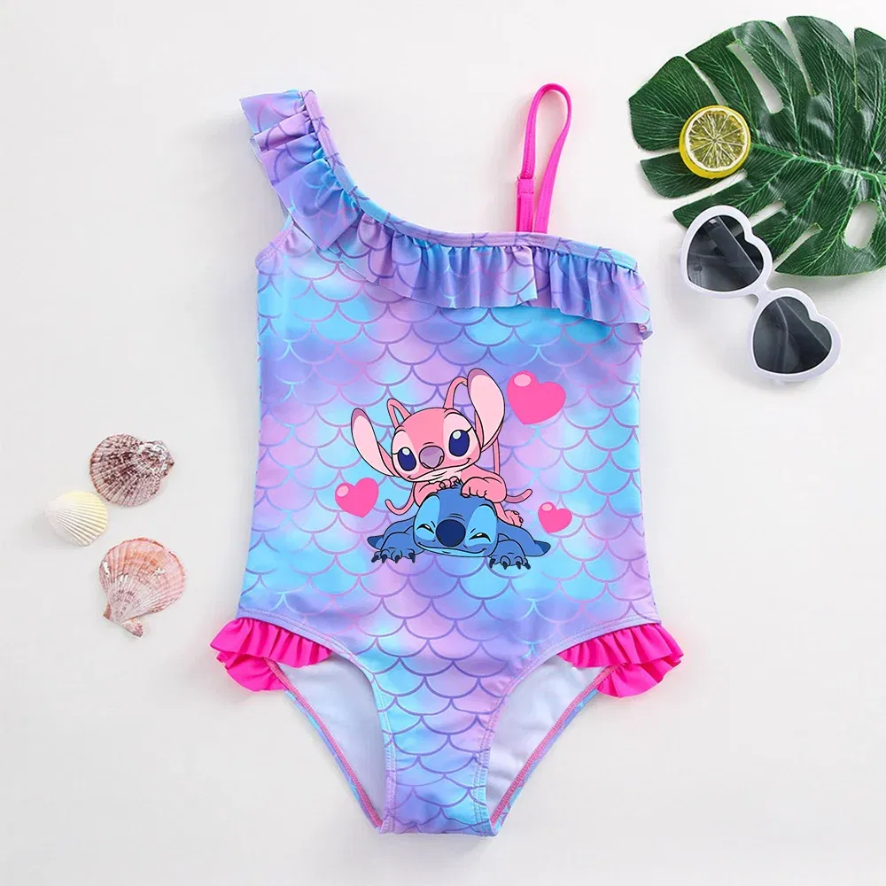 Color: Yellow, Size: XS - Stitch Girls Swimsuit Fashion Mermaid Fish Scale One-Piece Bathing Suits Children's Dresses Summer Swimwear Beach Suit Kids Wear