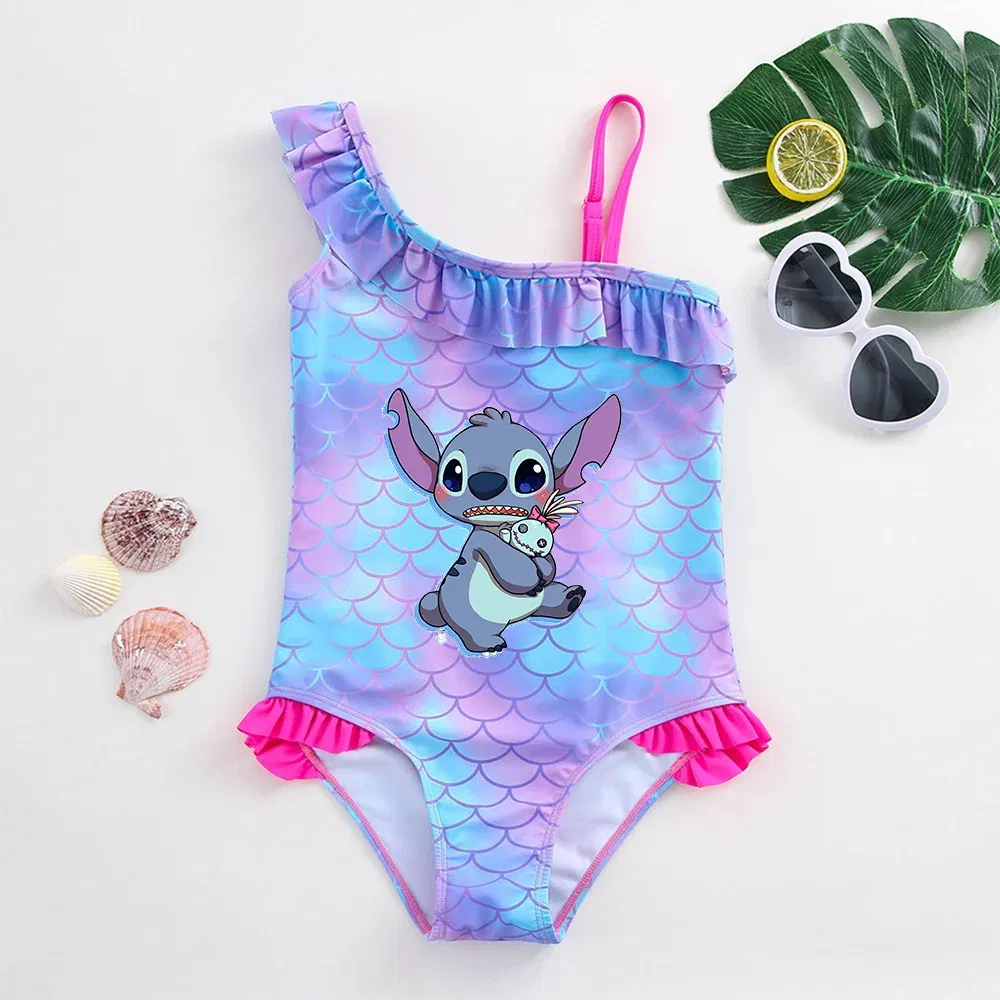Color: Yellow, Size: XS - Stitch Girls Swimsuit Fashion Mermaid Fish Scale One-Piece Bathing Suits Children's Dresses Summer Swimwear Beach Suit Kids Wear