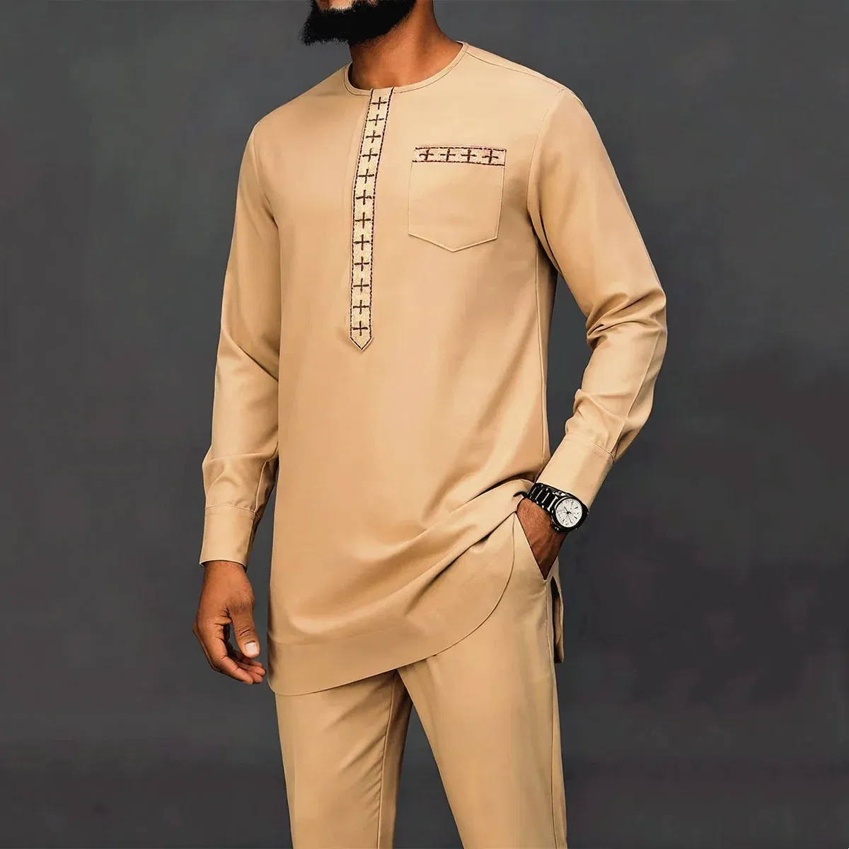 Color: PURPLE, Size: XXXL - New Men's Tenos Wedding 2-Piece Suit Waist Pants Shirt Solid Color Panel Long Sleeve Party African Ethnic Style Clothing (M-4XL)