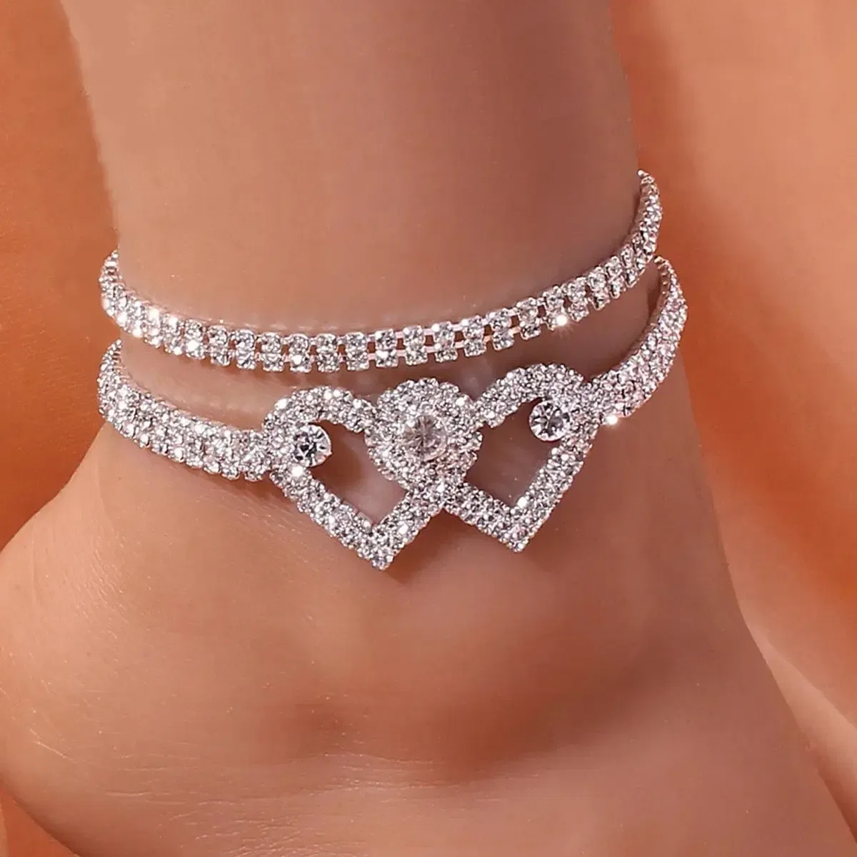 Metal Color: Platinum Plated - Adjustable Heart Shap Pendant Chain Women's Anklets Silver Gold Color Luxury Bracelet on Leg Accessories Party Fashion Jewelry