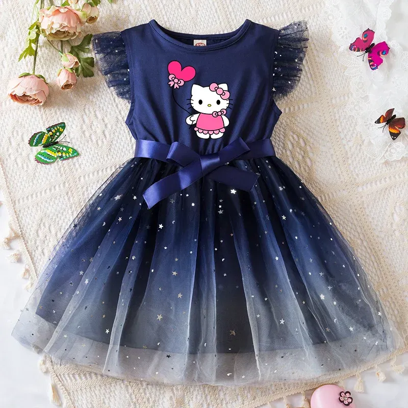 Color: WHITE, Kid Size: 9 - Hello Kitty Girls Sequin Tutu Dress with Bow Flutter Sleeves Summer Princess Party Outfit for Toddler Kids 2-6 Years
