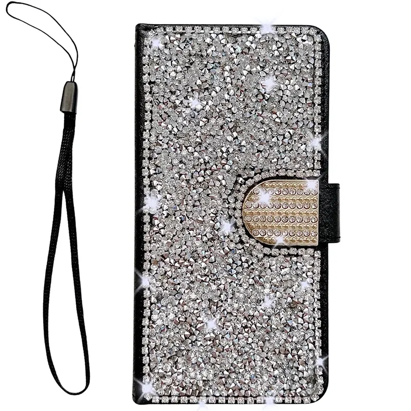 Color: black, Material: PVC - Glitter Diamond Wallet Leather Case For Samsung Galaxy A14 A15 A16 A35 A55 A34 A54 S25 Ultra S24 FE S23 S22 S21 S20 Plus