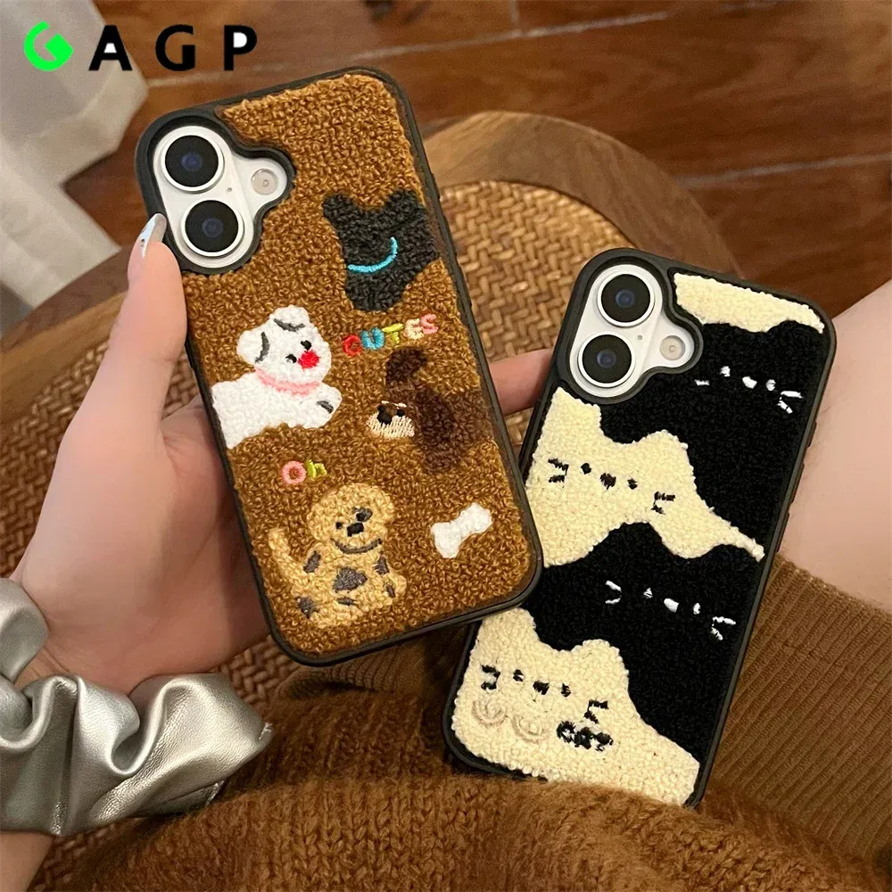 Color: SKY BLUE, Material: Wood - Luxury Cartoon Embroidery Cute Dog Cats Colorful Dots Phone Case For iPhone 13 14 15 16 Pro Max Plush Winter Shockproof Cover