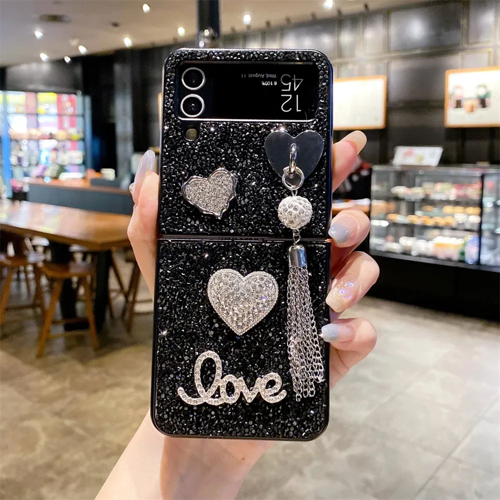 Color: Khaki, Material: Aluminum - Luxury Heart Diamond Tassel Phone Case for Samsung Galaxy Z Flip5 Case Z Flip4 Cover Z Flip3 Capa Z Flip 5 4 3 Cover 5G