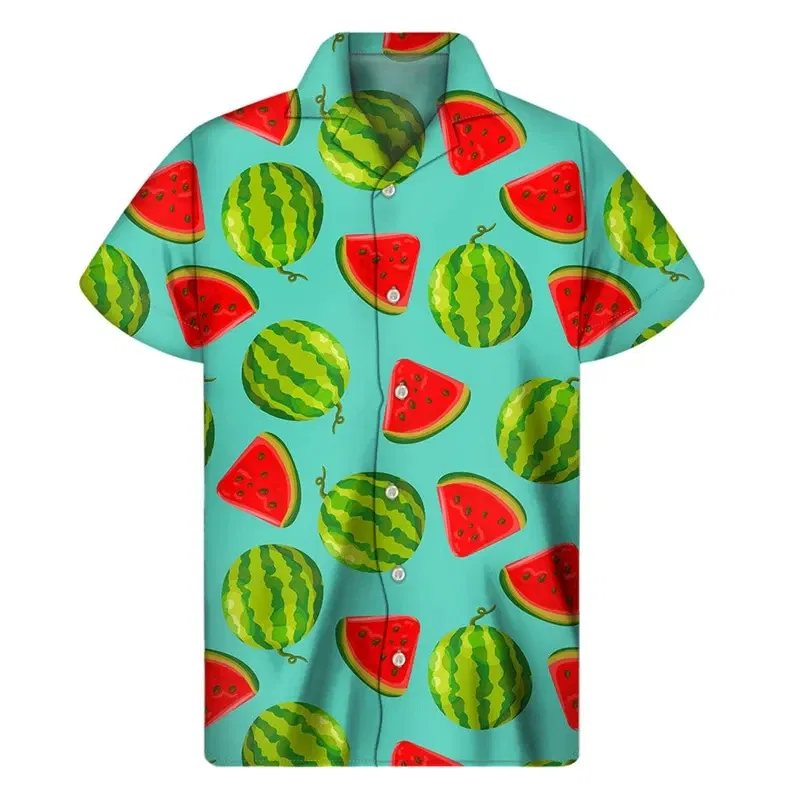 Color: Brown, Size: L - Tropical Watermelon Graphic Hawaiian Shirt Summer Street Short Sleeves 3d Printed Fruits Button Shirts Men Clothes Lapel Blouse
