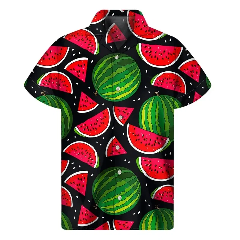 Color: Brown, Size: L - Tropical Watermelon Graphic Hawaiian Shirt Summer Street Short Sleeves 3d Printed Fruits Button Shirts Men Clothes Lapel Blouse