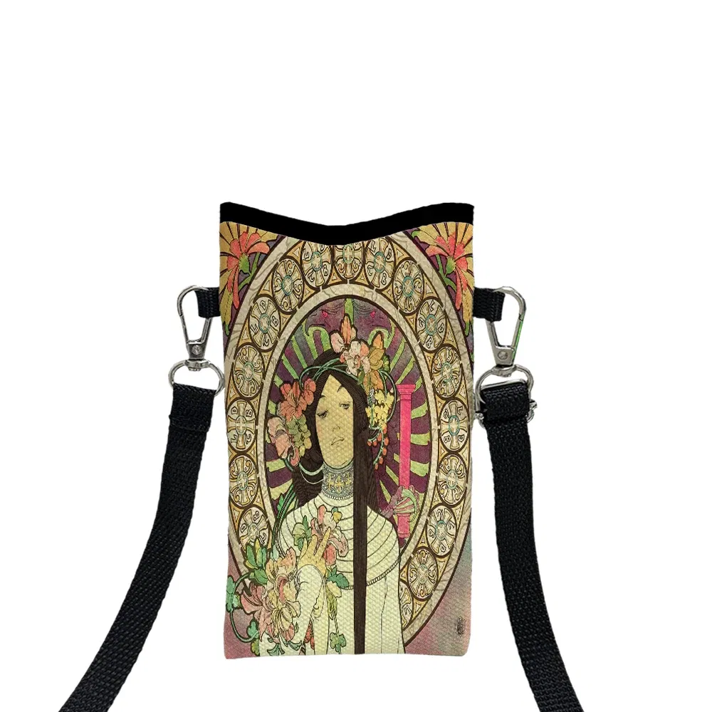 Color: Brown, Size: Extra Large - Alphonse Mucha Crossbody BagPrint Phone Wallet with Adjustable Shoulder Strap Unisex Design Daily Use, Travel,Gift 8.23