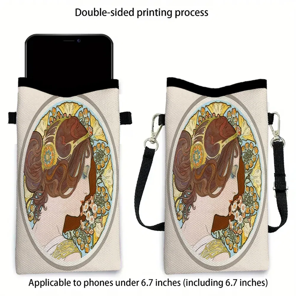 Color: Brown, Size: Extra Large - Alphonse Mucha Crossbody BagPrint Phone Wallet with Adjustable Shoulder Strap Unisex Design Daily Use, Travel,Gift 8.23