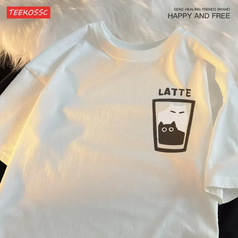 Color: SKY BLUE, Size: L - Mocha Latte Couple Outfit Cat Coffee Couple Male T-Shirts Graphic Cool Tee Shirt High-Quality Oversized Tshirt Comfort Soft