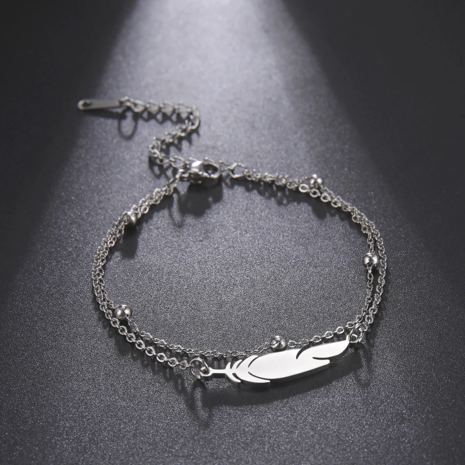 Metal Color: Antique Silver Plated - Kkjoy Ankles of Women Men Silver Color Feather Stainless Steel Double Foot Chain Beach Style Trendy Female Jewelry Accessories