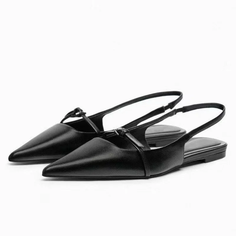Color: black, Shoe Size: 40 - New Women Sandal Fashion Pointed Toe Shallow Mouth Non-slip  Ladies Elegant Slingback Shoes Flat Sandals