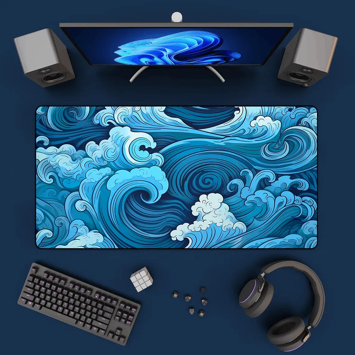 Color: SKY BLUE - Aesthetic Desk Mat Art Japanese Great Waves XXL Gaming Mouse Pad Blue Mousepad 900x400 Beautiful Nature Rubber Desk Pad Mat