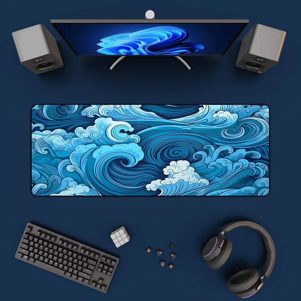 Color: SKY BLUE - Aesthetic Desk Mat Art Japanese Great Waves XXL Gaming Mouse Pad Blue Mousepad 900x400 Beautiful Nature Rubber Desk Pad Mat
