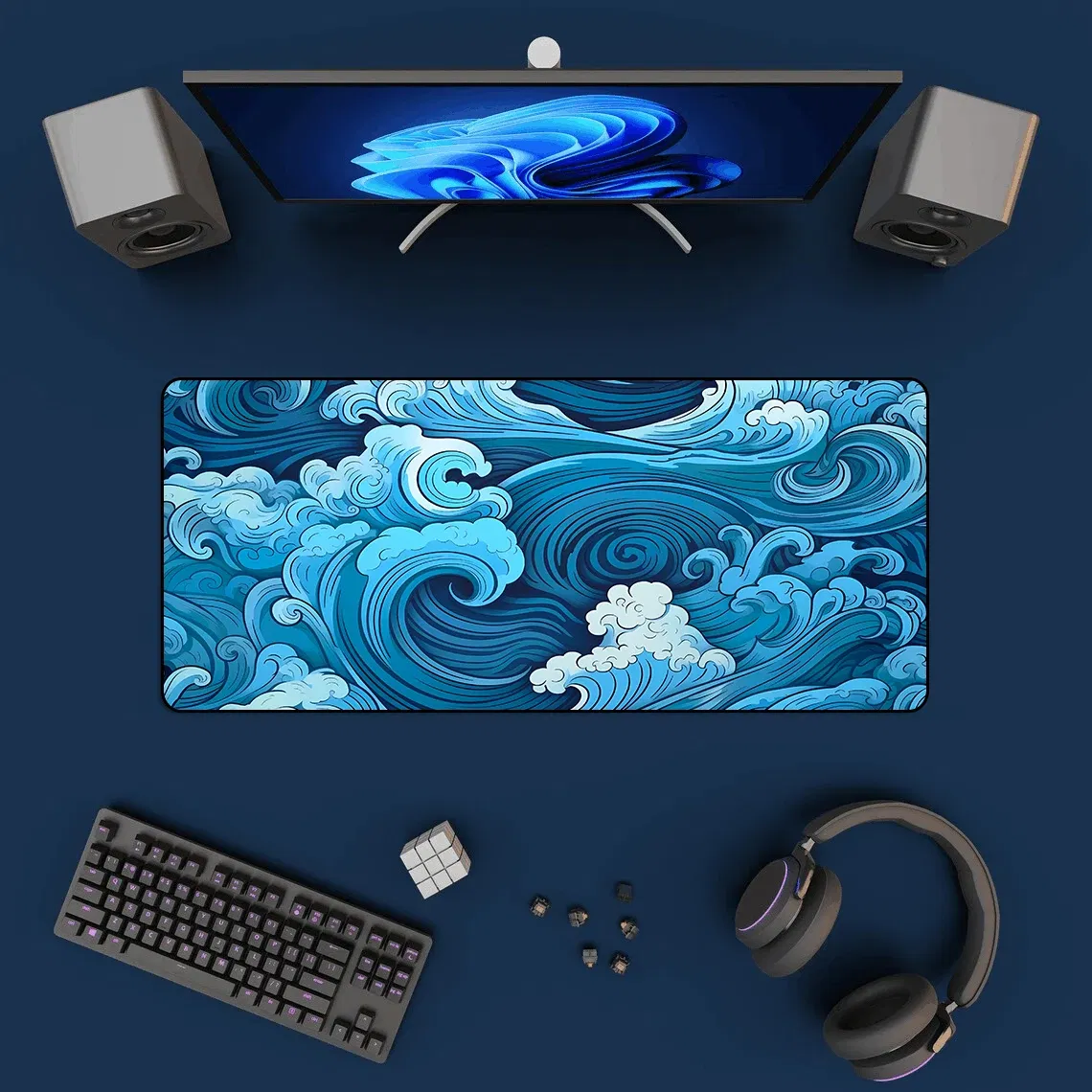 Color: SKY BLUE - Aesthetic Desk Mat Art Japanese Great Waves XXL Gaming Mouse Pad Blue Mousepad 900x400 Beautiful Nature Rubber Desk Pad Mat