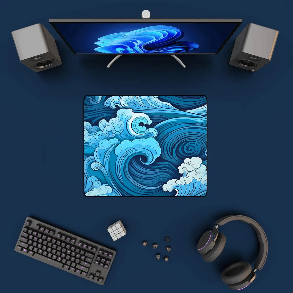 Color: SKY BLUE - Aesthetic Desk Mat Art Japanese Great Waves XXL Gaming Mouse Pad Blue Mousepad 900x400 Beautiful Nature Rubber Desk Pad Mat
