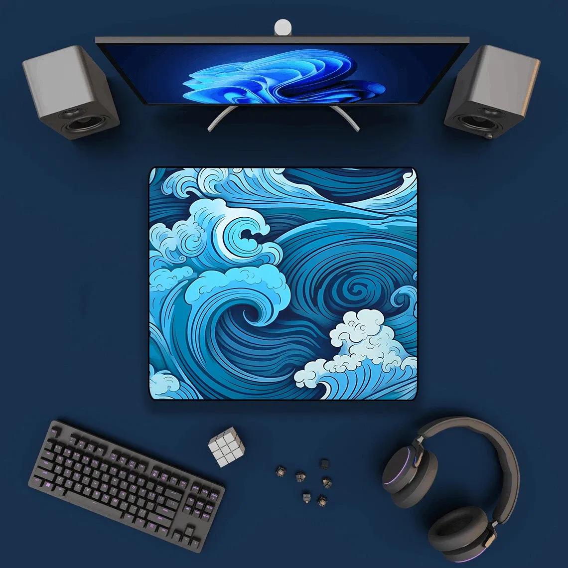 Color: SKY BLUE - Aesthetic Desk Mat Art Japanese Great Waves XXL Gaming Mouse Pad Blue Mousepad 900x400 Beautiful Nature Rubber Desk Pad Mat