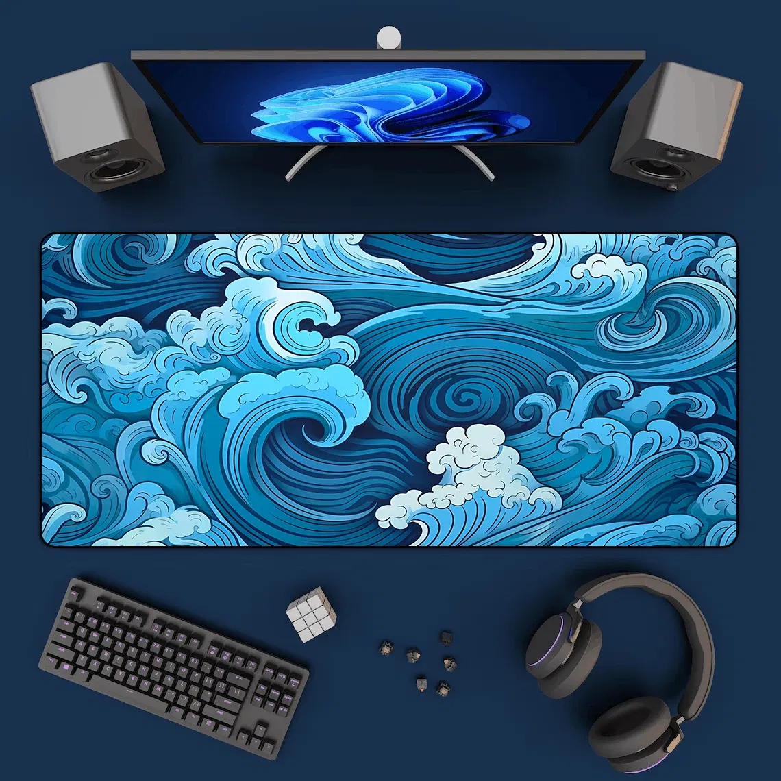 Color: SKY BLUE - Aesthetic Desk Mat Art Japanese Great Waves XXL Gaming Mouse Pad Blue Mousepad 900x400 Beautiful Nature Rubber Desk Pad Mat