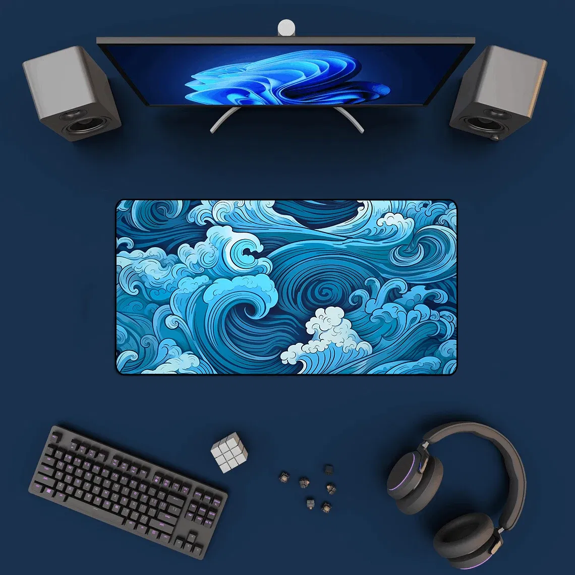 Color: SKY BLUE - Aesthetic Desk Mat Art Japanese Great Waves XXL Gaming Mouse Pad Blue Mousepad 900x400 Beautiful Nature Rubber Desk Pad Mat