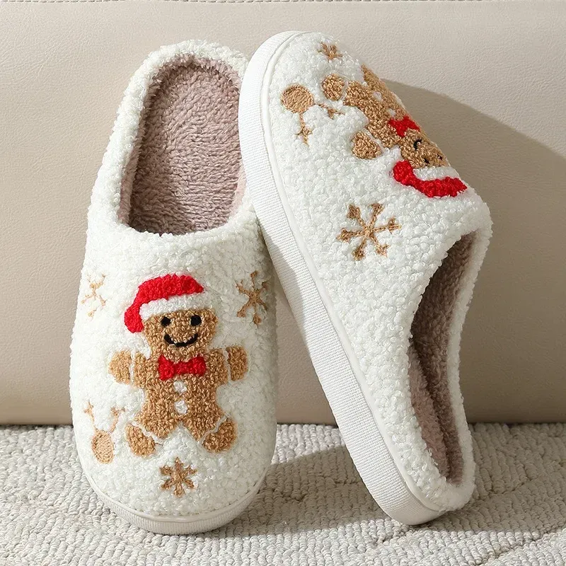 Shoe Size: 42-43, Color: Beige - Cute Gingerbread Winter Warm Christmas Women Slippers  Slides Couple Houseshoes Men Bedroom Flat Soft Sole Home Shoes for Gift