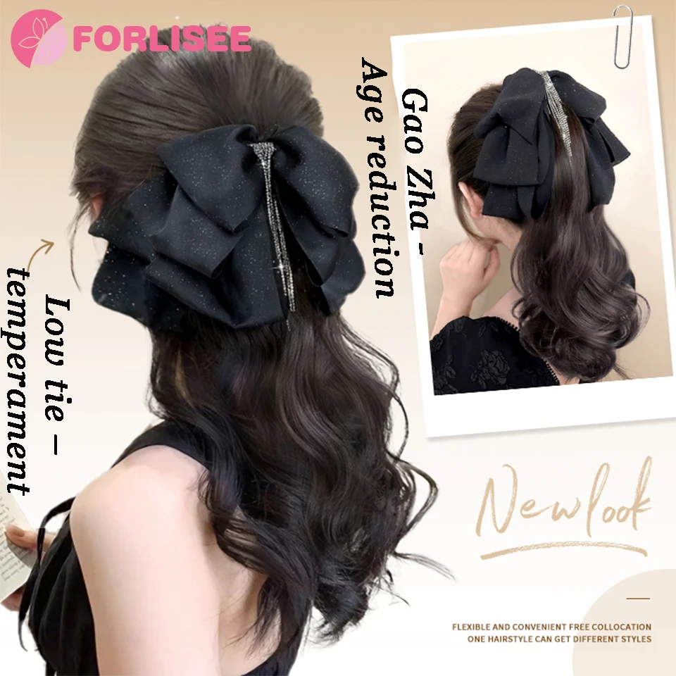 Color: Natural Color - Synthetic Tassel Bow Claw Clip Ponytail Temperament Slightly Curly Hair Natural Heat-resistant Chemical Fiber Wig Ponytail