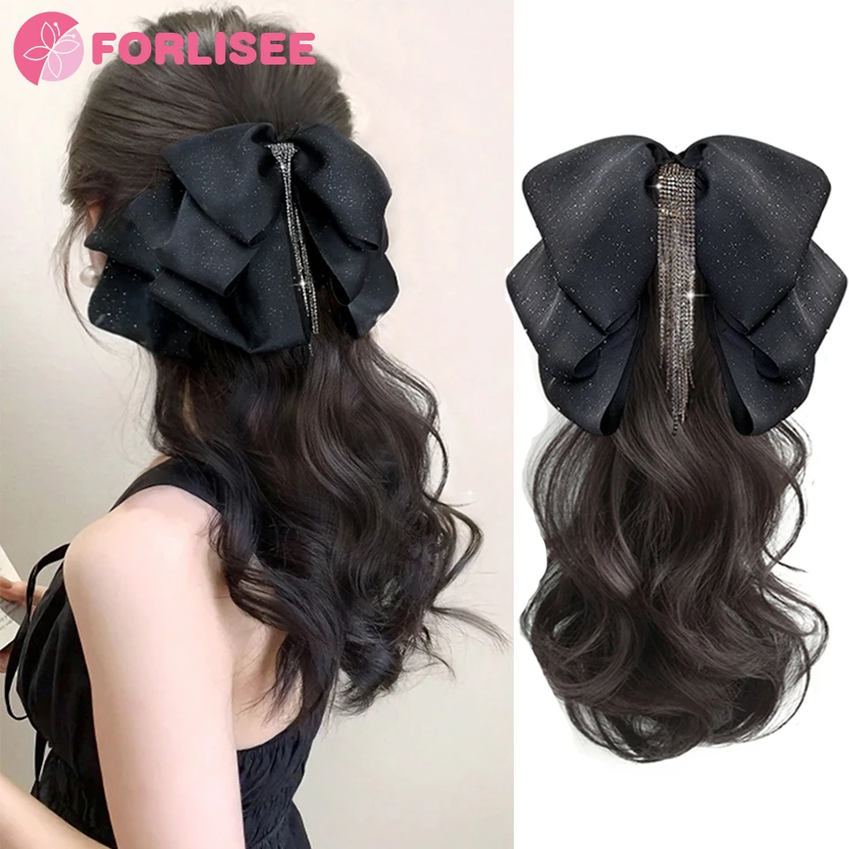 Color: Natural Color - Synthetic Tassel Bow Claw Clip Ponytail Temperament Slightly Curly Hair Natural Heat-resistant Chemical Fiber Wig Ponytail