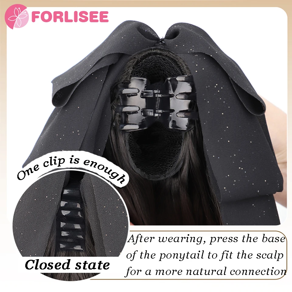 Color: Natural Color - Synthetic Tassel Bow Claw Clip Ponytail Temperament Slightly Curly Hair Natural Heat-resistant Chemical Fiber Wig Ponytail