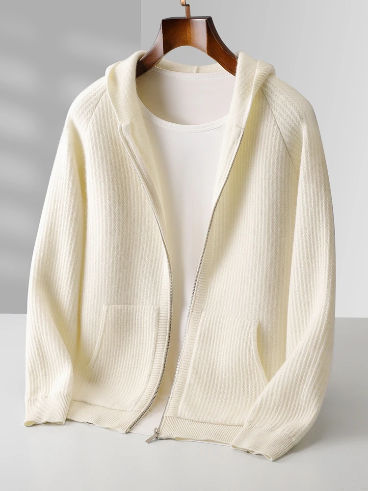 Color: Khaki, Size: L - Daily Clothes Autumn Winter Sweater Men's Coat 100% Merino Wool Sweater Cardigan Knitted Jacket Thicked Hooded Outerwears Trend