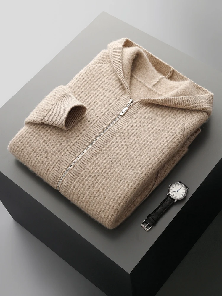 Color: Khaki, Size: L - Daily Clothes Autumn Winter Sweater Men's Coat 100% Merino Wool Sweater Cardigan Knitted Jacket Thicked Hooded Outerwears Trend