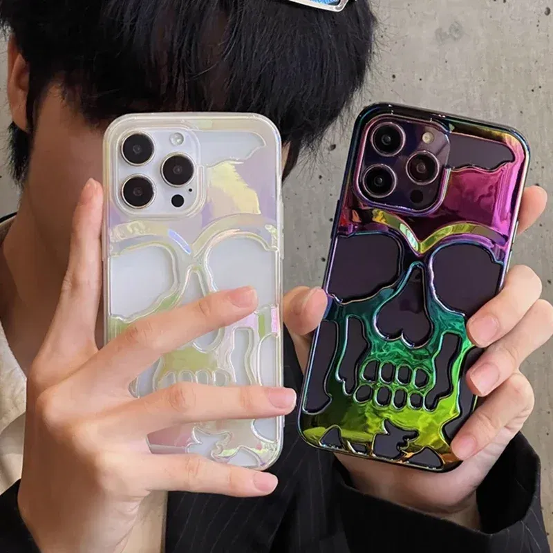 Color: Sky blue, Material: PE - 3D Skull Ghostface Phone Case for iPhone 14 15 ProMax 11 12 13 Pro Max Plus Fashion Hollow Heat Dissipation Plating Slim Cover