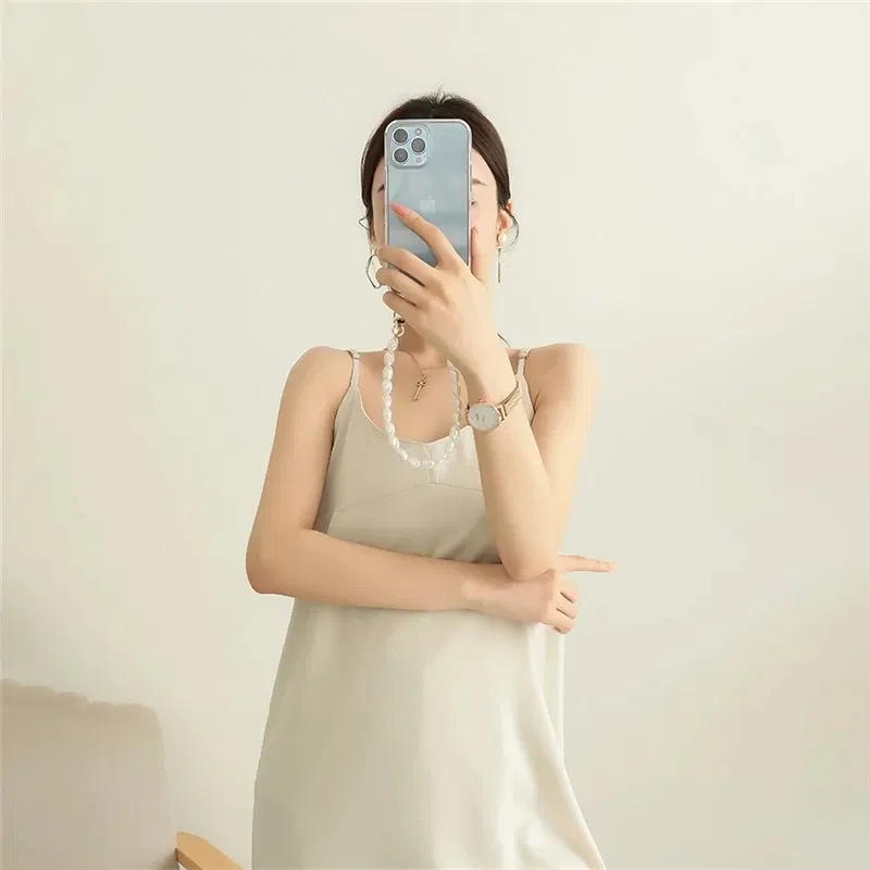 Color: cream, Bundle: Case & Strap, Material: Denim - Pearl Bracelet Wrist Chain Phone Case For iPhone 13 12 11 14 15 Pro Max XR X XS Mini 7 8 Plus SE Transparent Hard Acrylic Cover