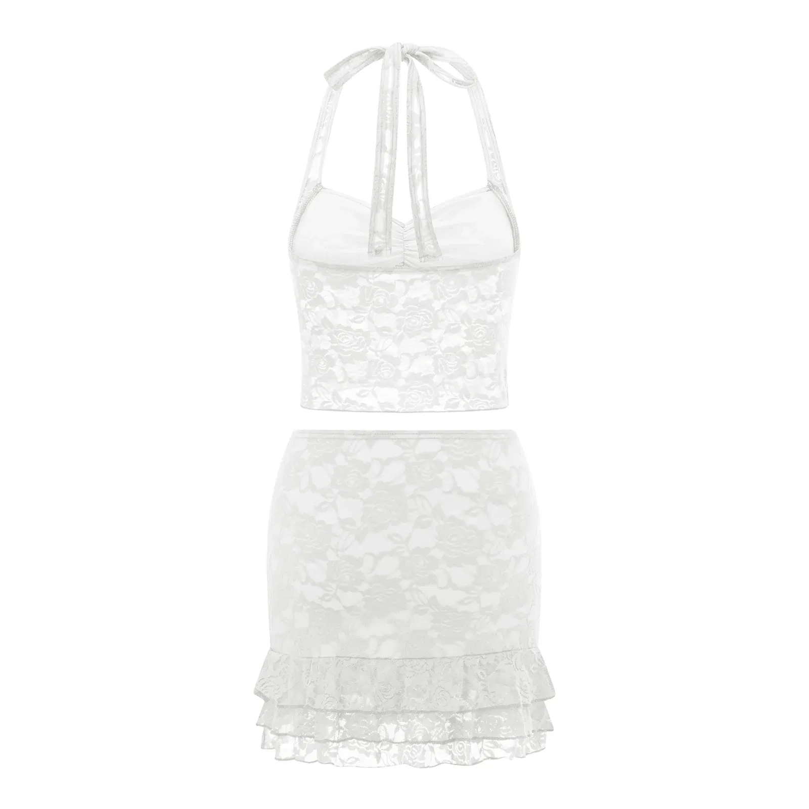 Color: Pink, Size: L - Women Summer Skirts Outfits Sexy Tie-Up Halter Neck Sleeveless Backless Lace Tank Tops Mini Skirts 2 Pieces Clothes Set Club