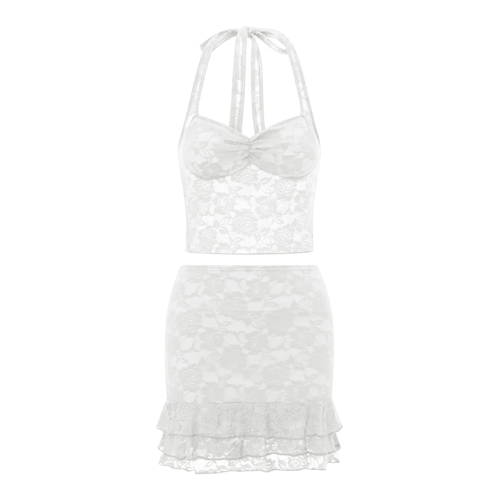 Color: Pink, Size: L - Women Summer Skirts Outfits Sexy Tie-Up Halter Neck Sleeveless Backless Lace Tank Tops Mini Skirts 2 Pieces Clothes Set Club