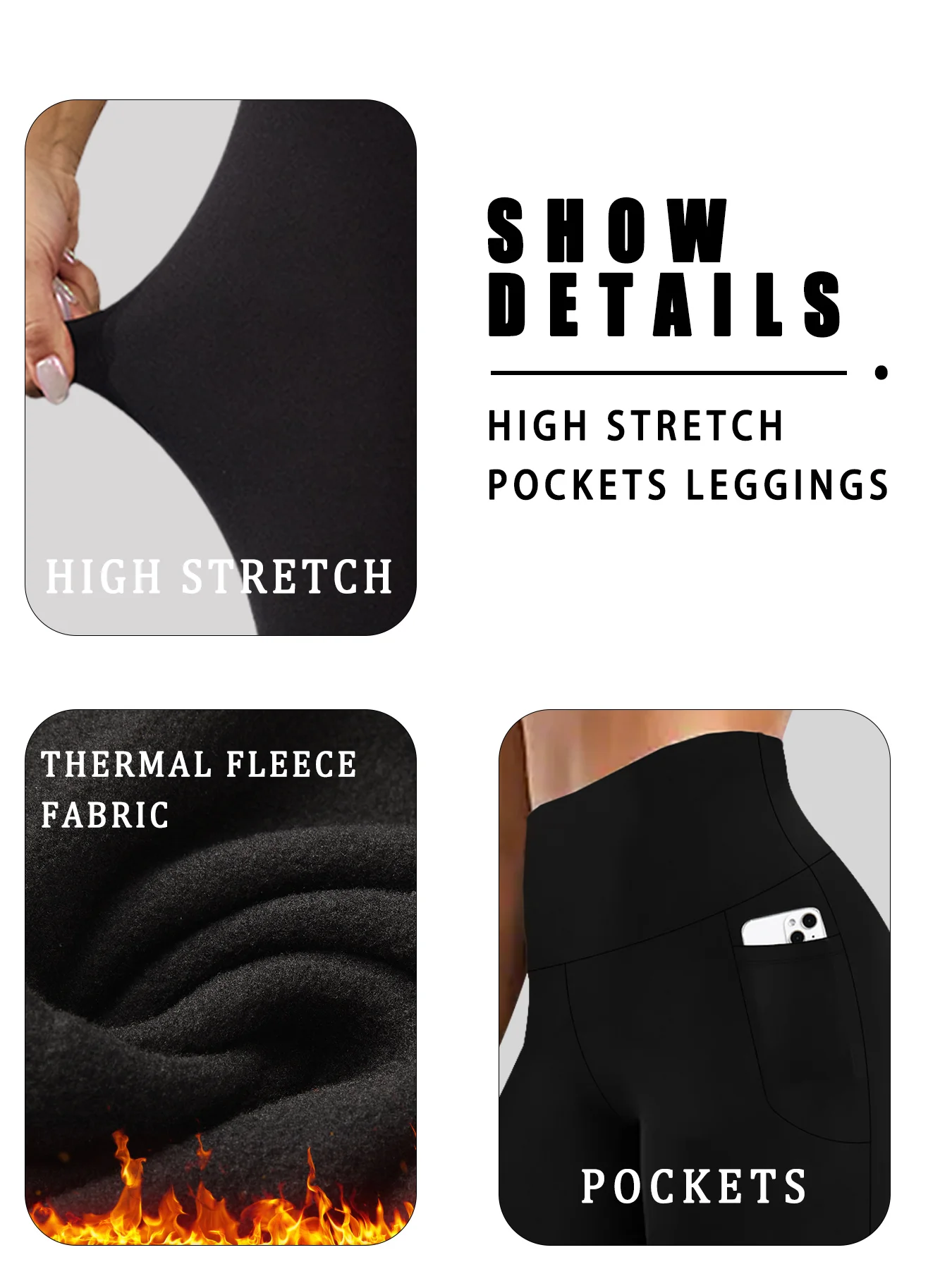 Color: Navy Blue, Size: L - Womens Thermal Fleece Lined High Waisted with pockets Leggings, Workout Winter Warm Thick Tights Soft Yoga Running Pants