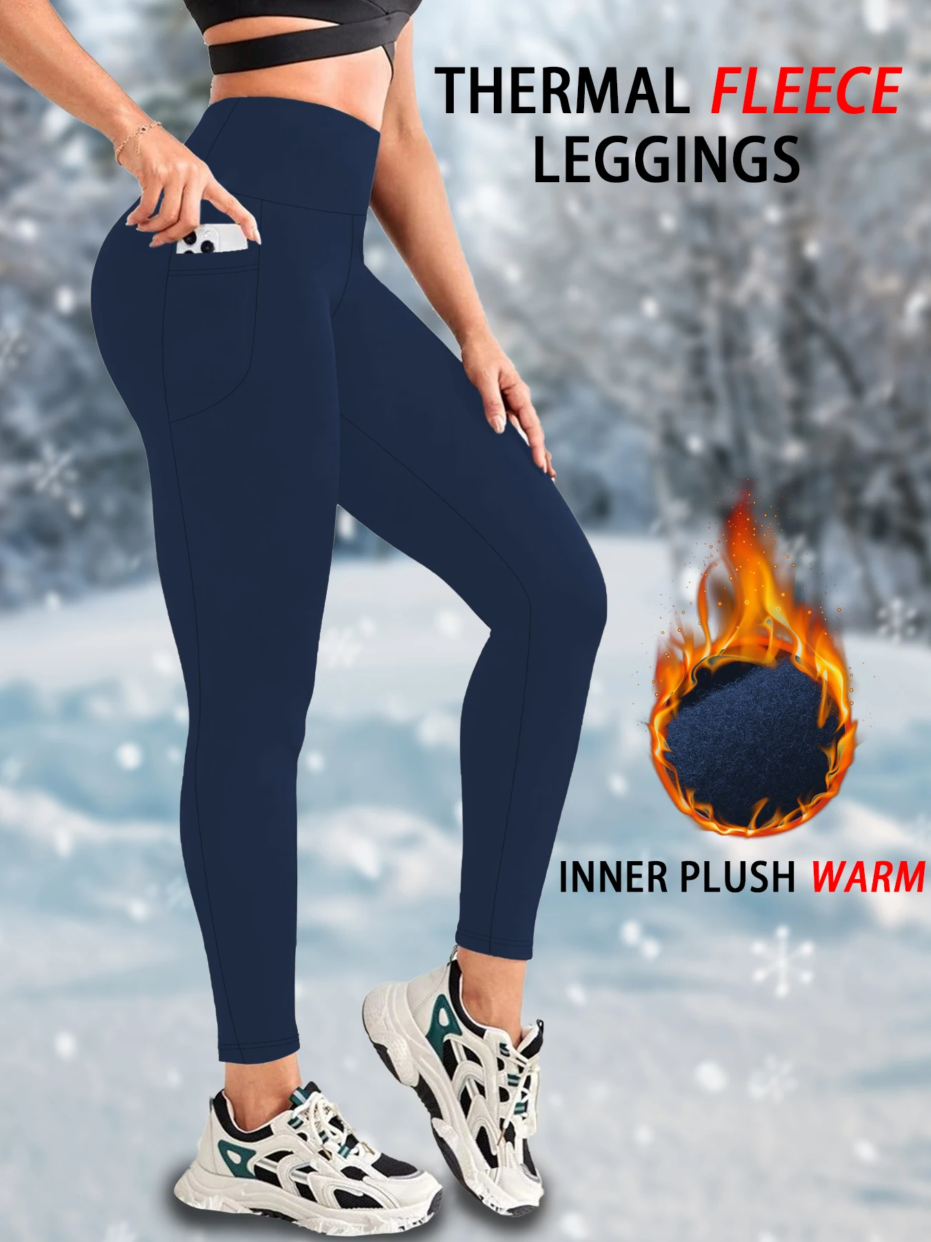 Color: Navy Blue, Size: L - Womens Thermal Fleece Lined High Waisted with pockets Leggings, Workout Winter Warm Thick Tights Soft Yoga Running Pants