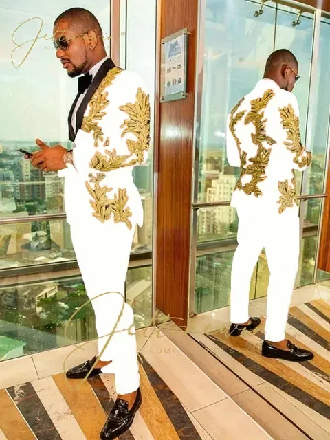 Color: Navy Blue, Size: XL - Luxury Groom Wedding Tuxedos Gold Sequins Appliques Black Men Suits Slim Fit Costume Homme Marriage Prom Suits
