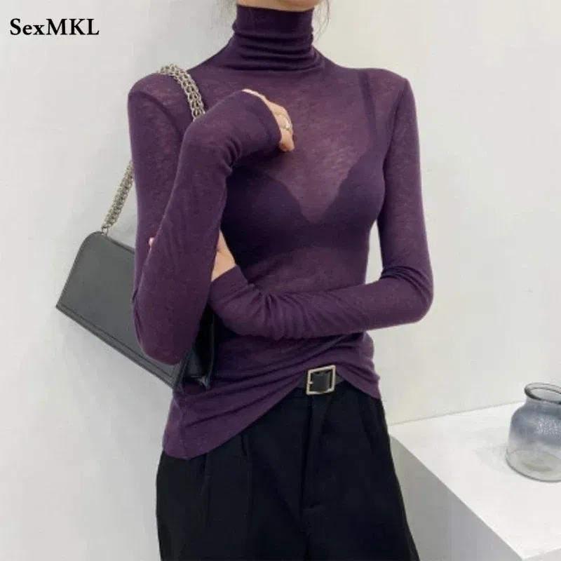 Color: Maroon, Size: XL - New Fashion Basic Turtleneck Long Sleeve Women T-shirt Autumn Winter Long Sleeve Slim Stretch Tops Ladies Sexy Tees Plus Size