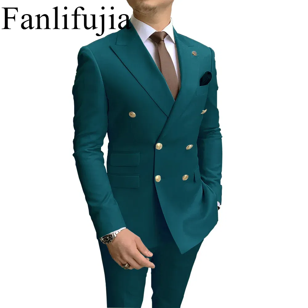 Color: Turquoise, Size: XXL - Fanlifujia Store 2024 Casual Sky Blue Men Suits Double Brested Peak Lapel  Gold Button Groom Wedding Tuxedos Best Costume Homme
