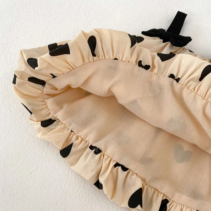 Color: Khaki, Kid Size: 9M - Summer 2PCS Heart Print Cotton Baby Girls Suits Sleeveless Bow Double Layer Apricot Strap Top Toddler Shorts Set, Versatile